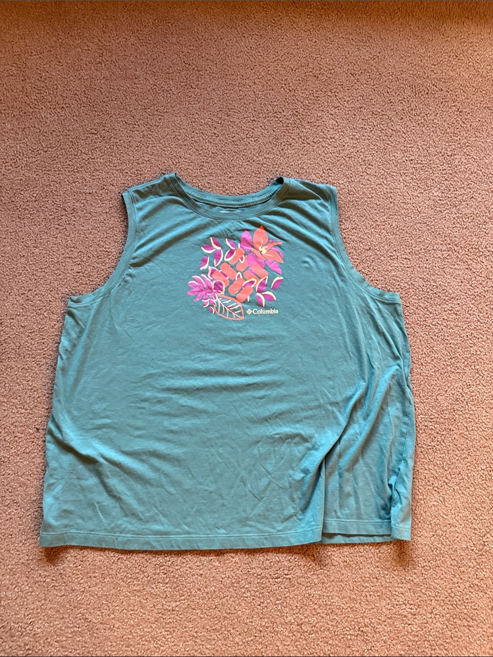 Columbia Teal Sleeveless Tank with Pink Floral Chest Graphic